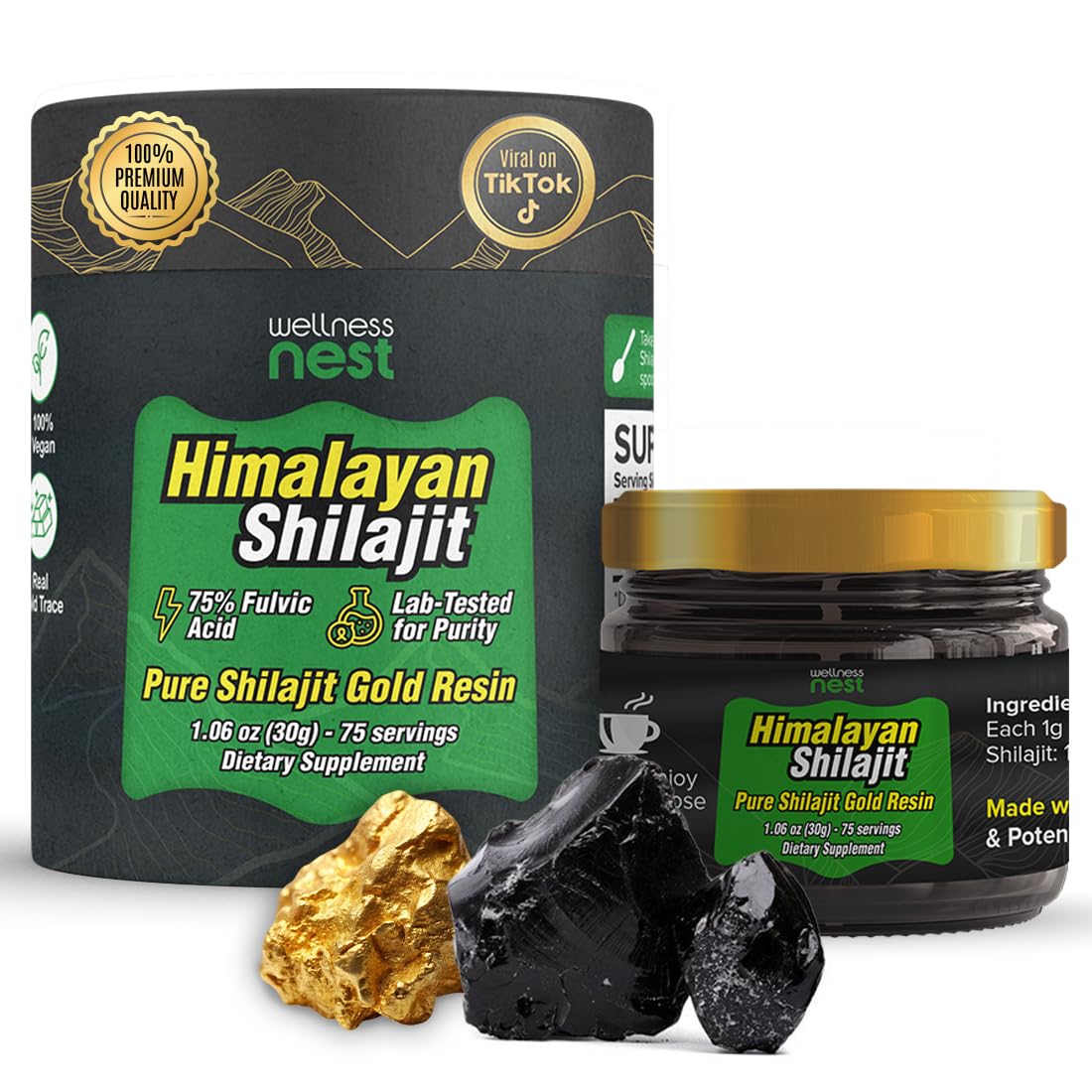 Wellness Nest Gold Shilajit resin jar close-up with 24k gold infusion for premium wellness