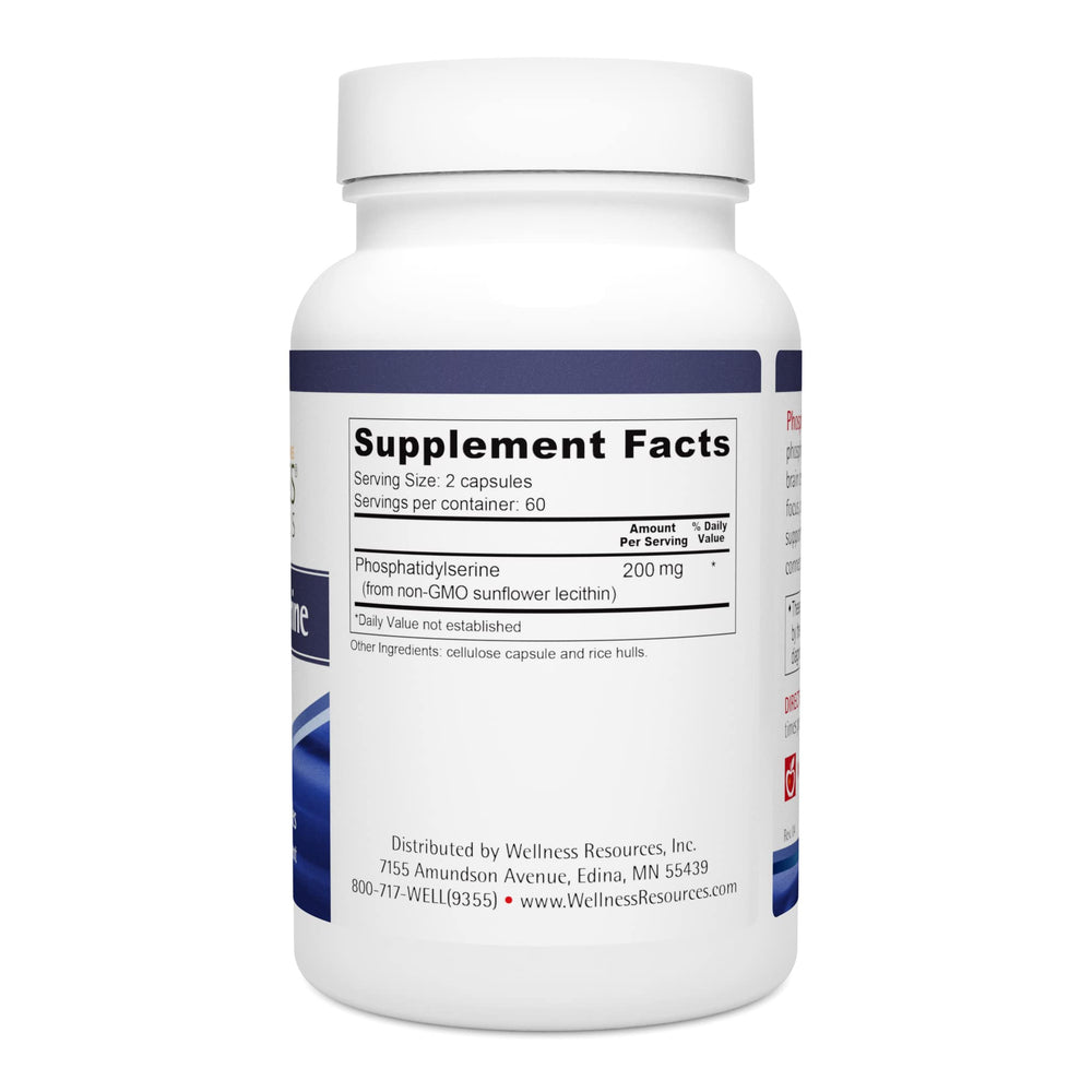 Wellness Resources PhosphatidylSerine label closeup highlights non-GMO, 100 mg capsules.