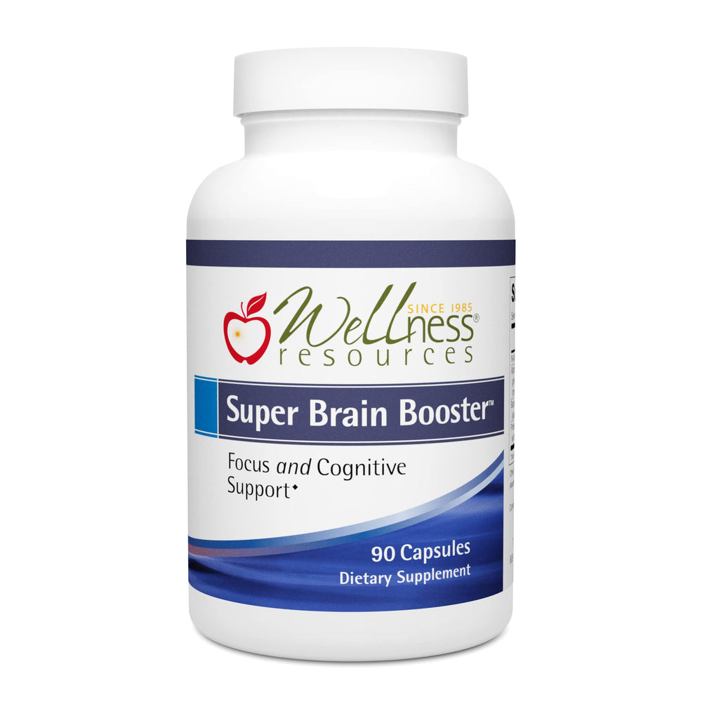 Wellness Resources Super Brain Booster bottle front showing a brain-supporting formula.