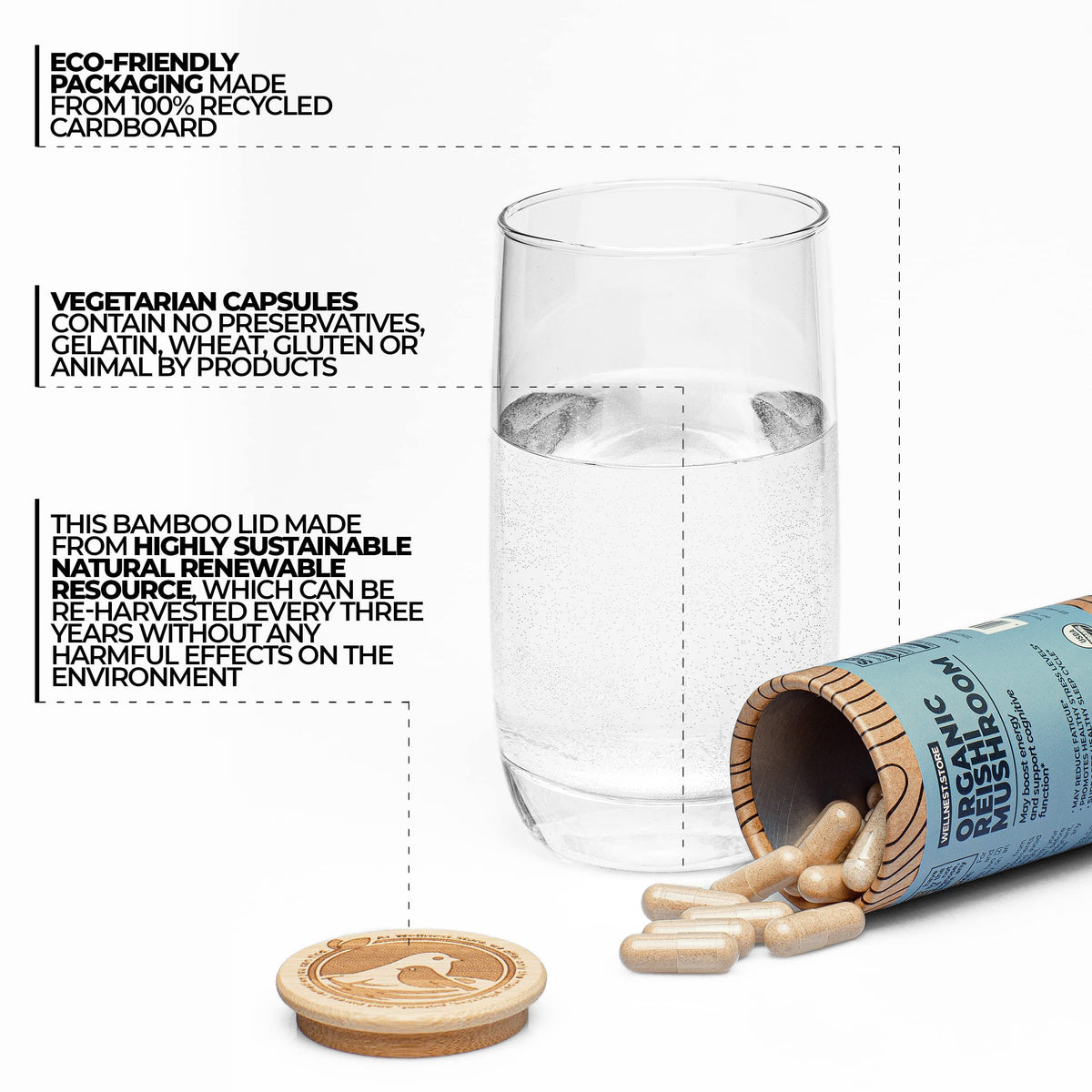 Wellnest.Store Reishi capsules close-up emphasizes smooth capsules for daily vitality.