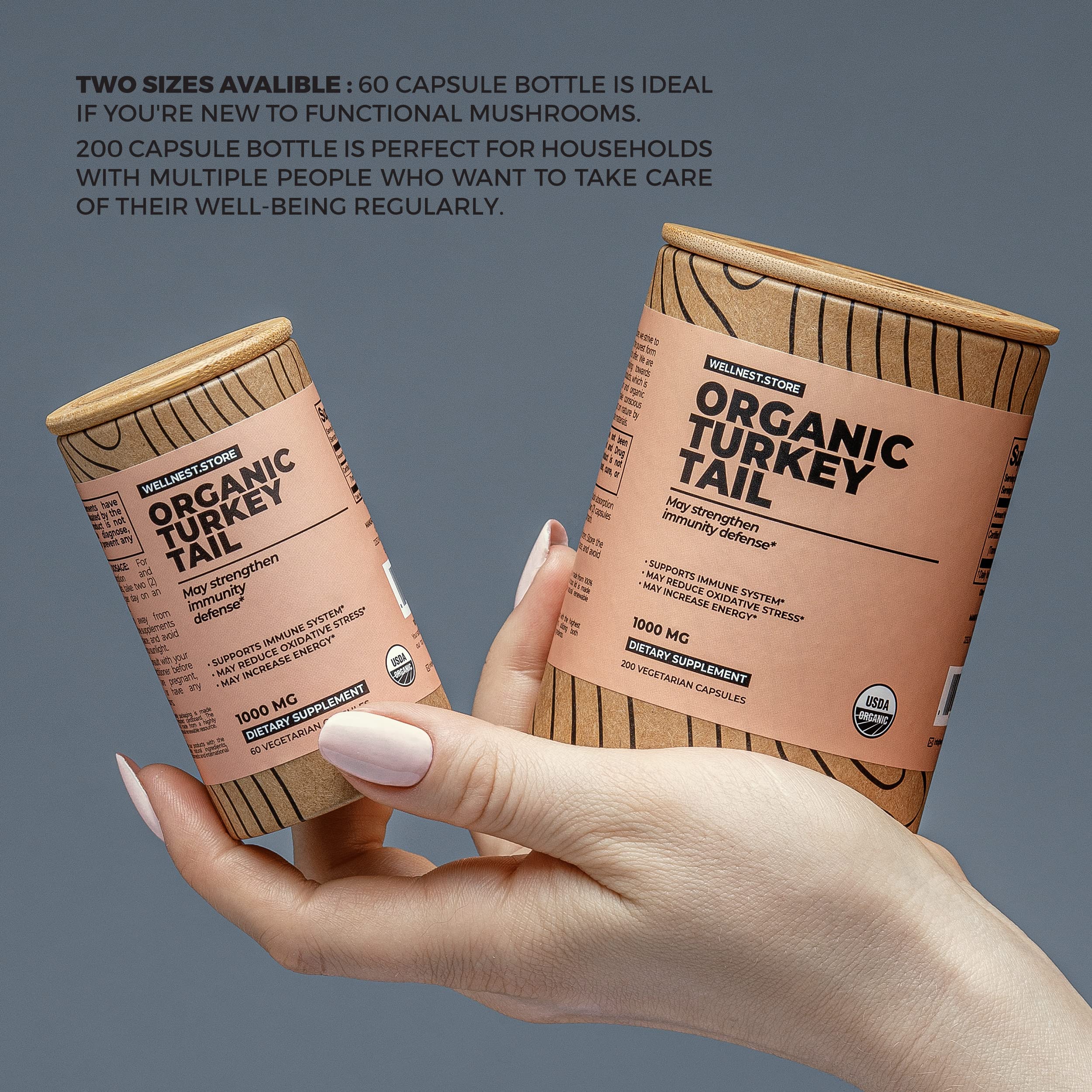 Wellnest Store turkey tail capsule close-up with label emphasizing organic quality