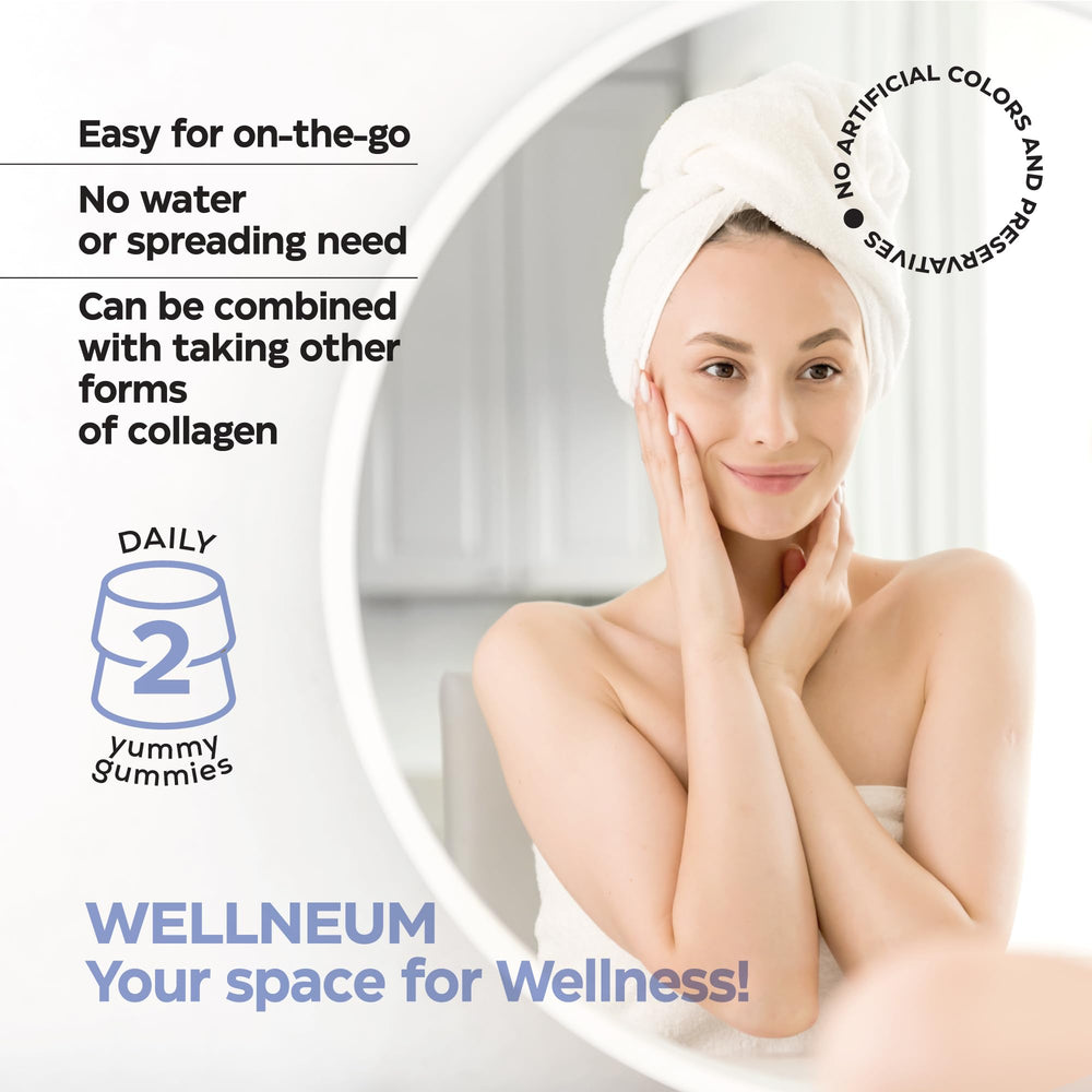 Wellneum Collagen Gummies bottle dispense demonstrates convenient daily supplementation.