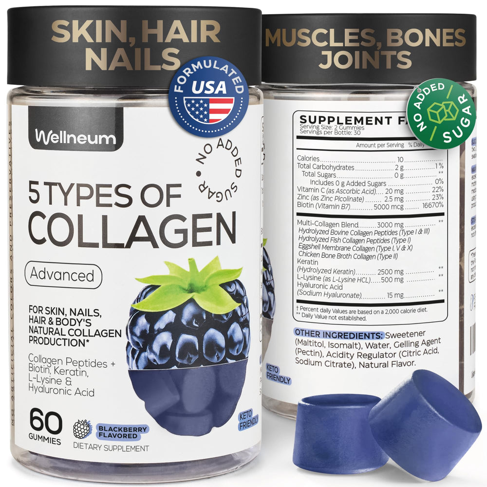 Wellneum Collagen Gummies bottle front with blackberry flavor for easy daily use.