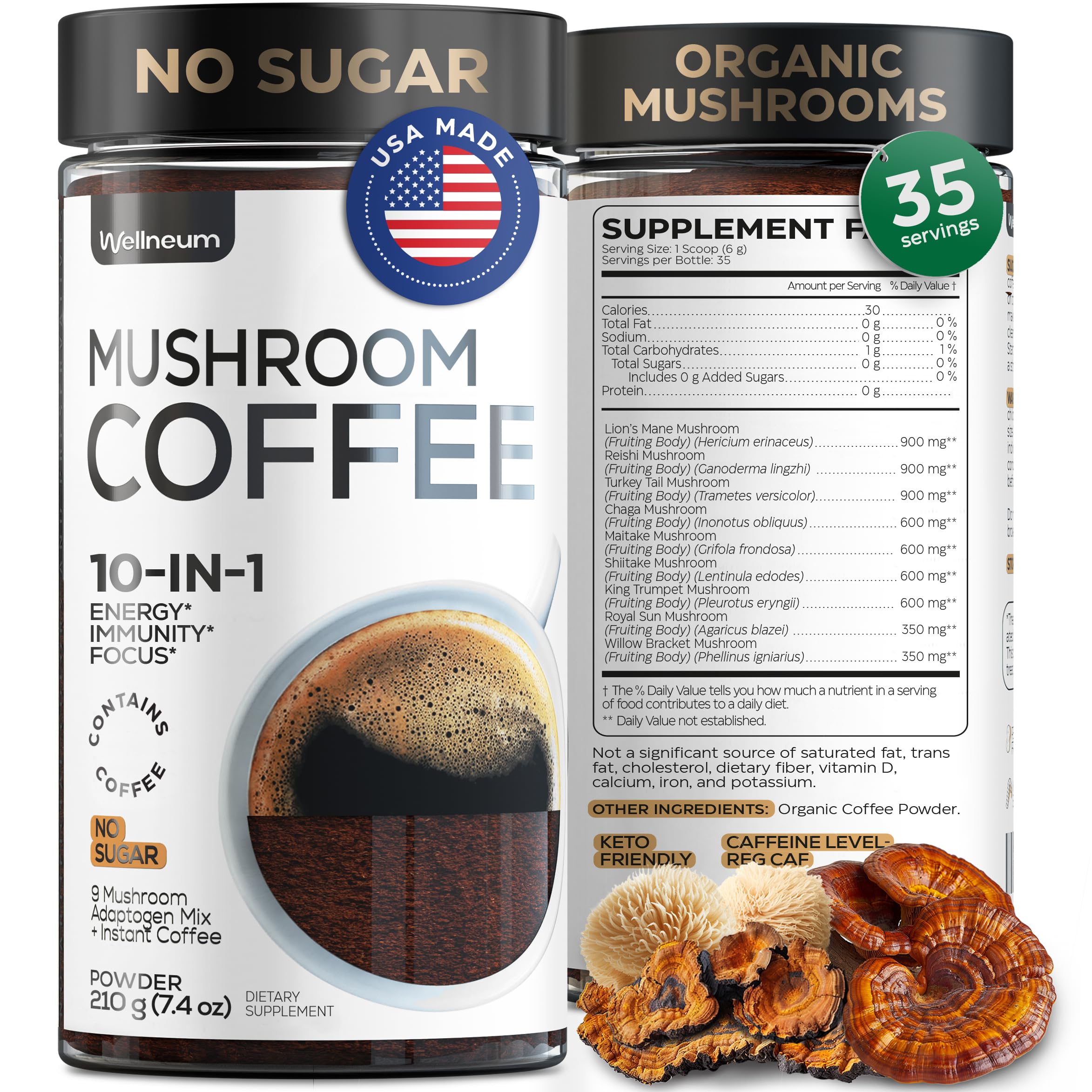 Wellneum Mushroom Coffee bottle front for quick daily energy