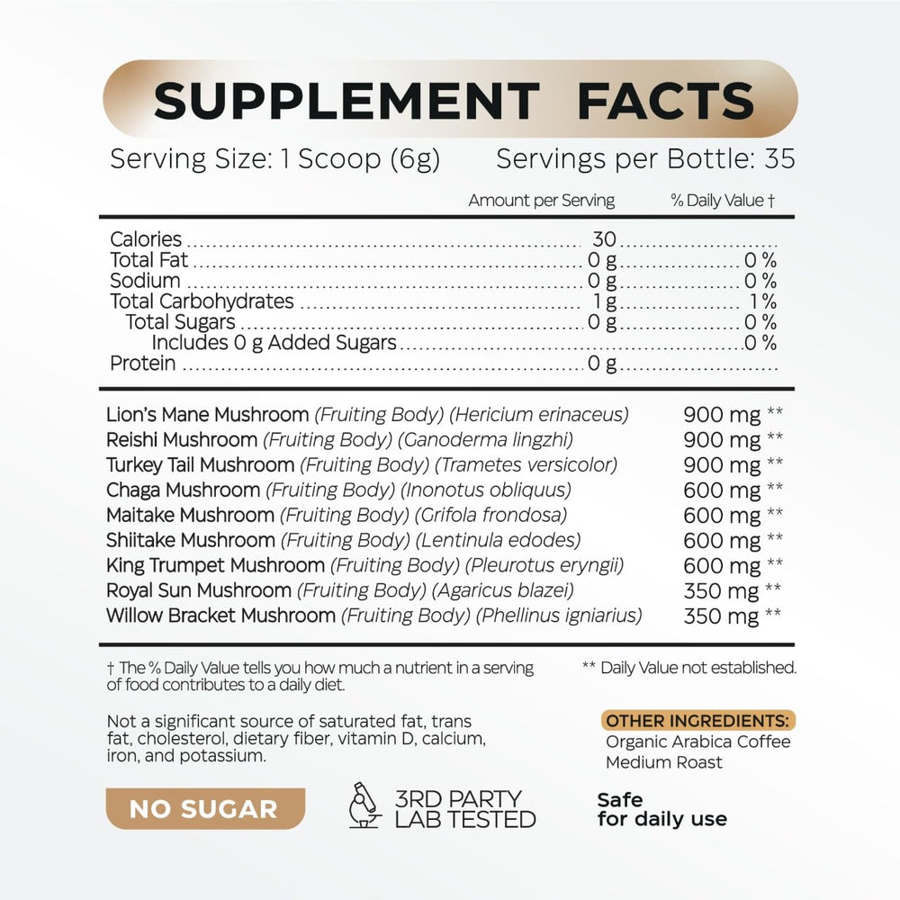 Wellneum Mushroom Coffee ingredients scene highlighting adaptogens for focus