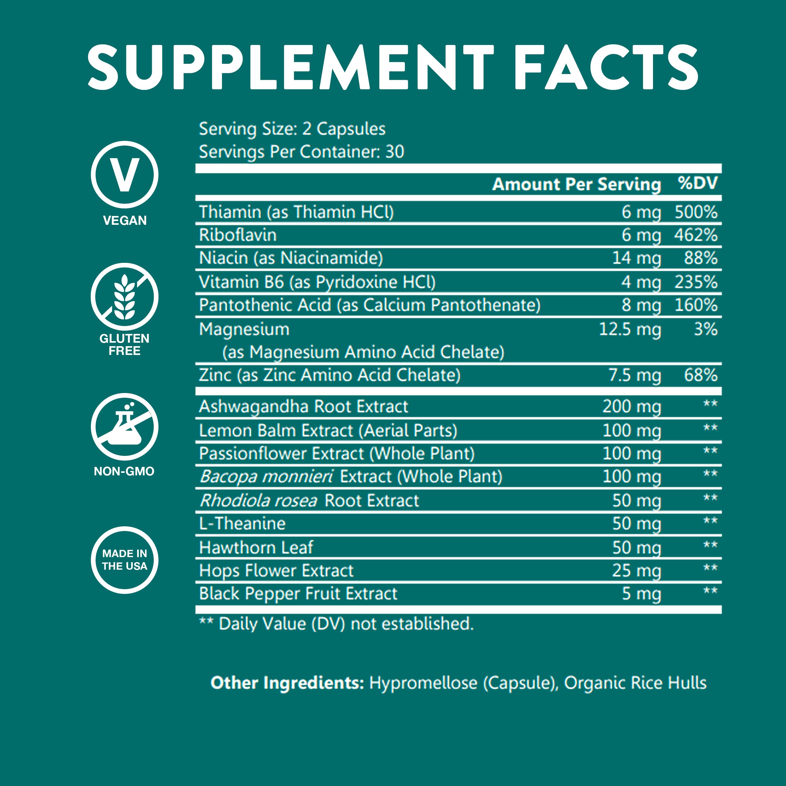 Pill bottle label close-up highlighting vegan, gluten-free features.