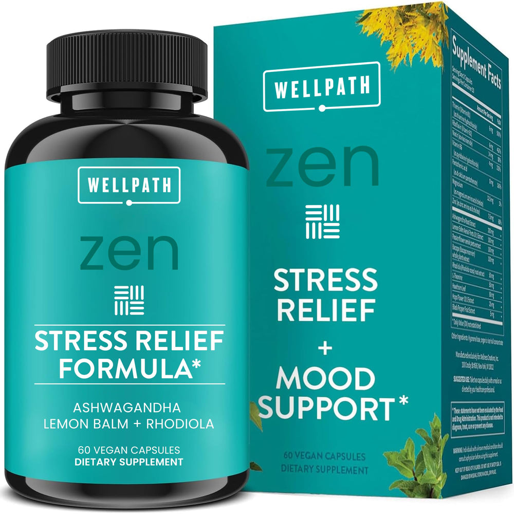 WellPath Zen bottle showing calming stress relief formula.