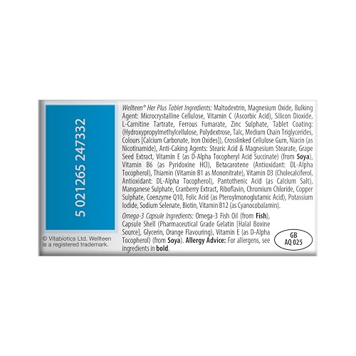 Wellteen Her Plus bottle label close-up highlighting vitamins and minerals.