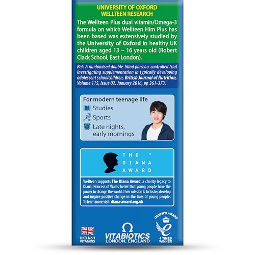 Wellteen Him Plus nutrition label highlights vitamins and minerals coverage.