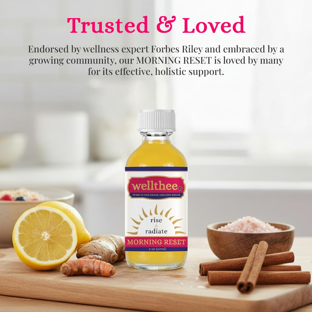 Wellthee MORNING RESET ingredients laid out highlighting turmeric, cinnamon, and pepper.