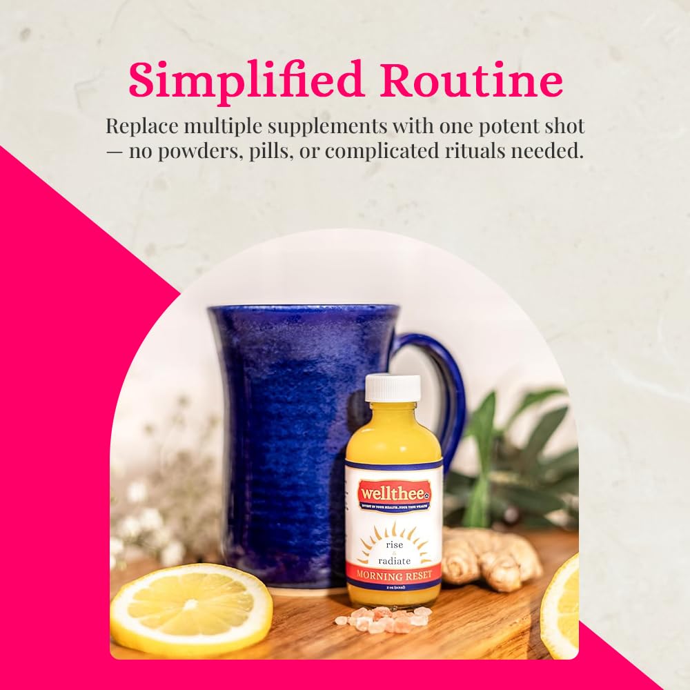 Wellthee MORNING RESET label and bottles showcasing natural sweeteners and clean ingredients.