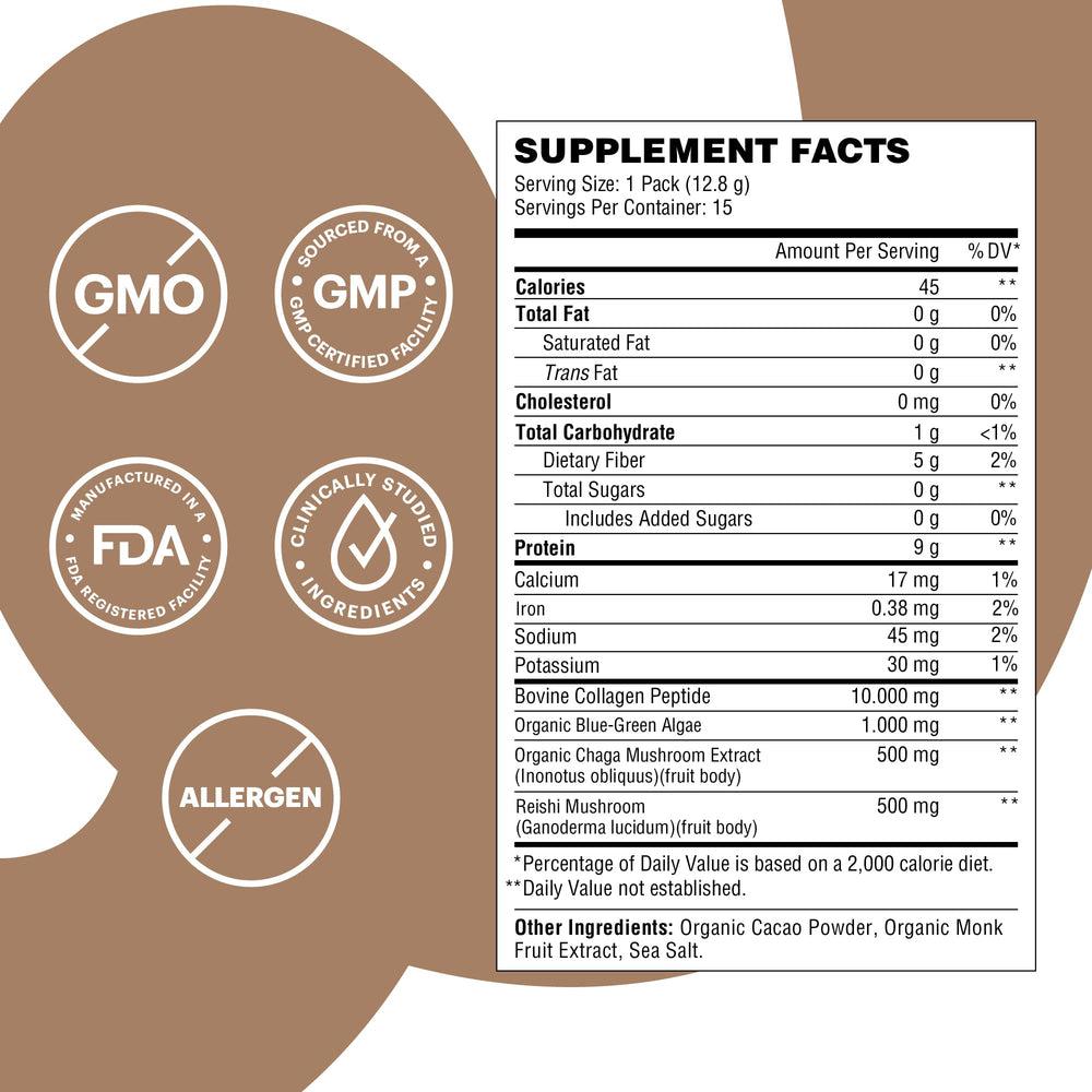 Wellthy Collagen Superfood Powder chaga and reishi mushrooms add earthy depth