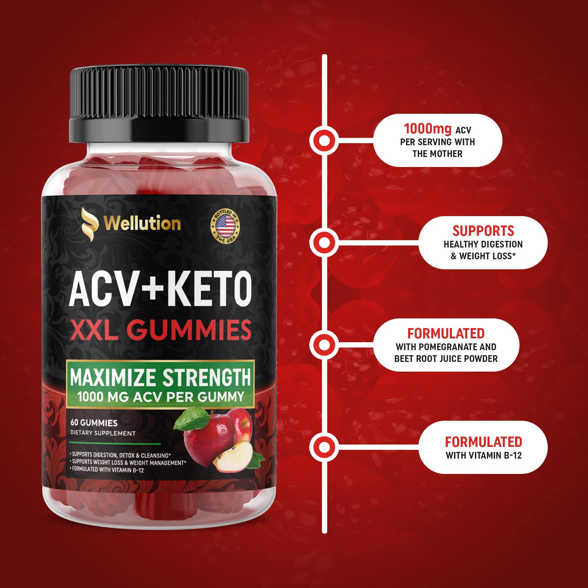 WELLUTION Apple Cider Vinegar Gummies two-per-day serving shown with lifestyle imagery.