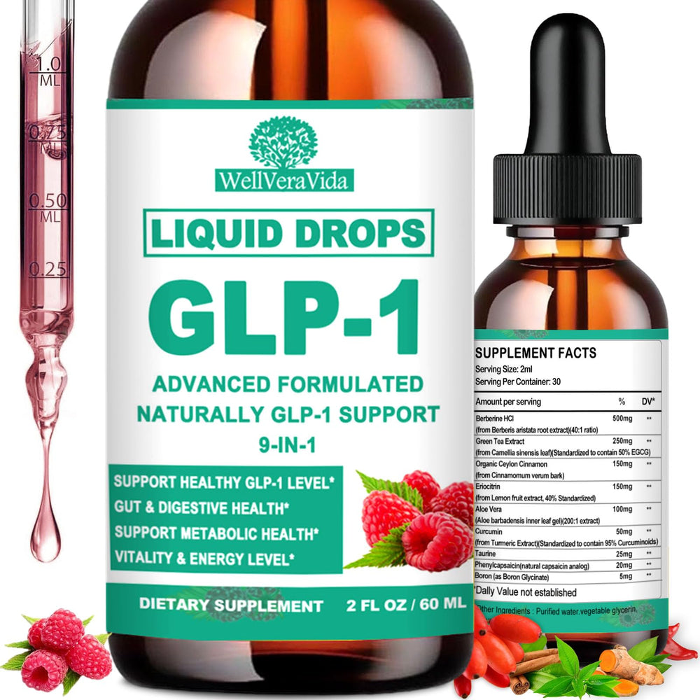 WellVeraVida GLP-1 Drops bottle with dropper for easy daily use supporting metabolism.