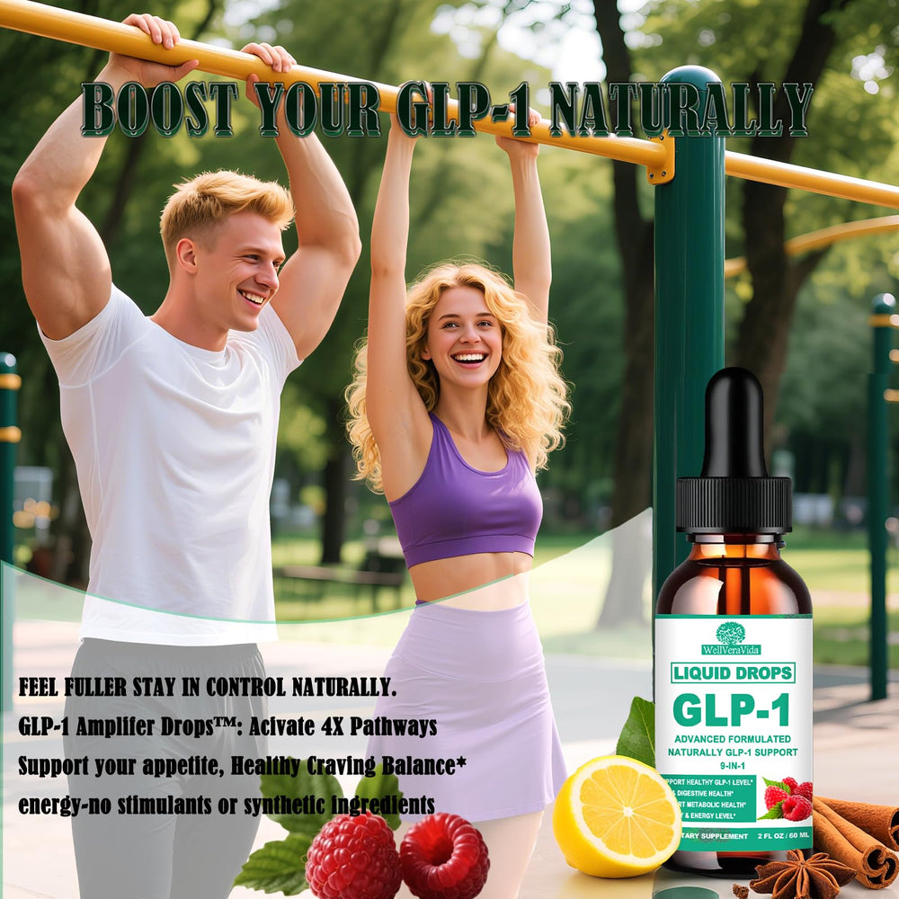 WellVeraVida GLP-1 Drops packaging on a kitchen counter for everyday use.