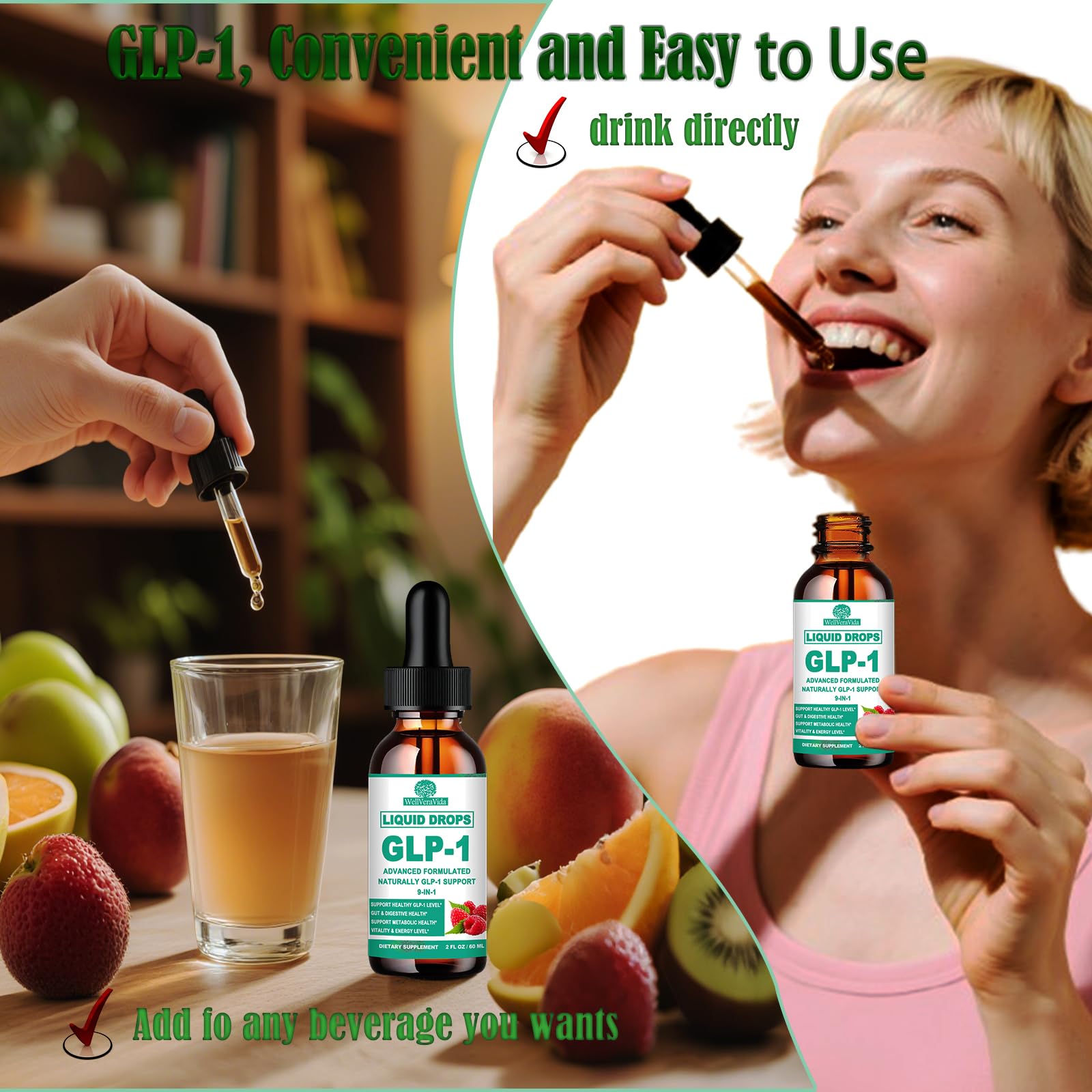 WellVeraVida GLP-1 Drops Raspberry flavor label highlighting sugar-free formulation.