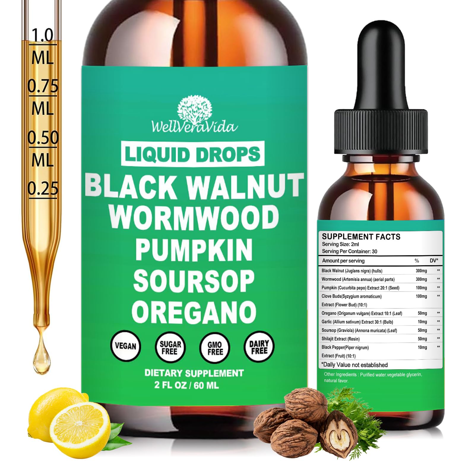 WellVeraVida liposomal wormwood bottle shows organic 9-in-1 blend for gut support.