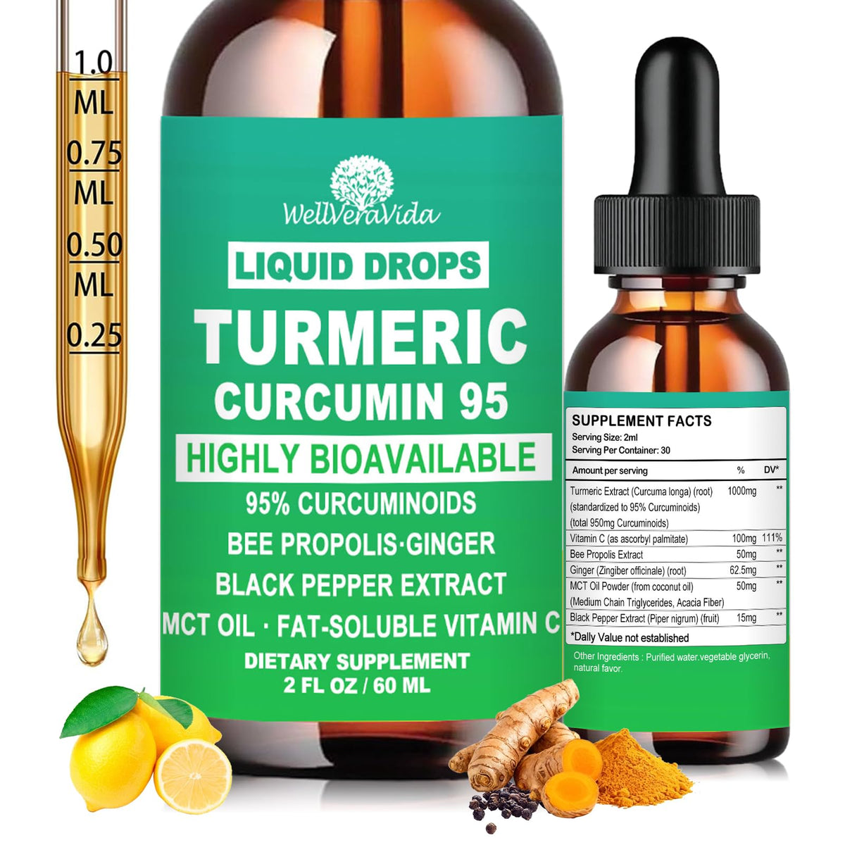 WellVeraVida Turmeric Drops bottle closeup for joint support and absorption