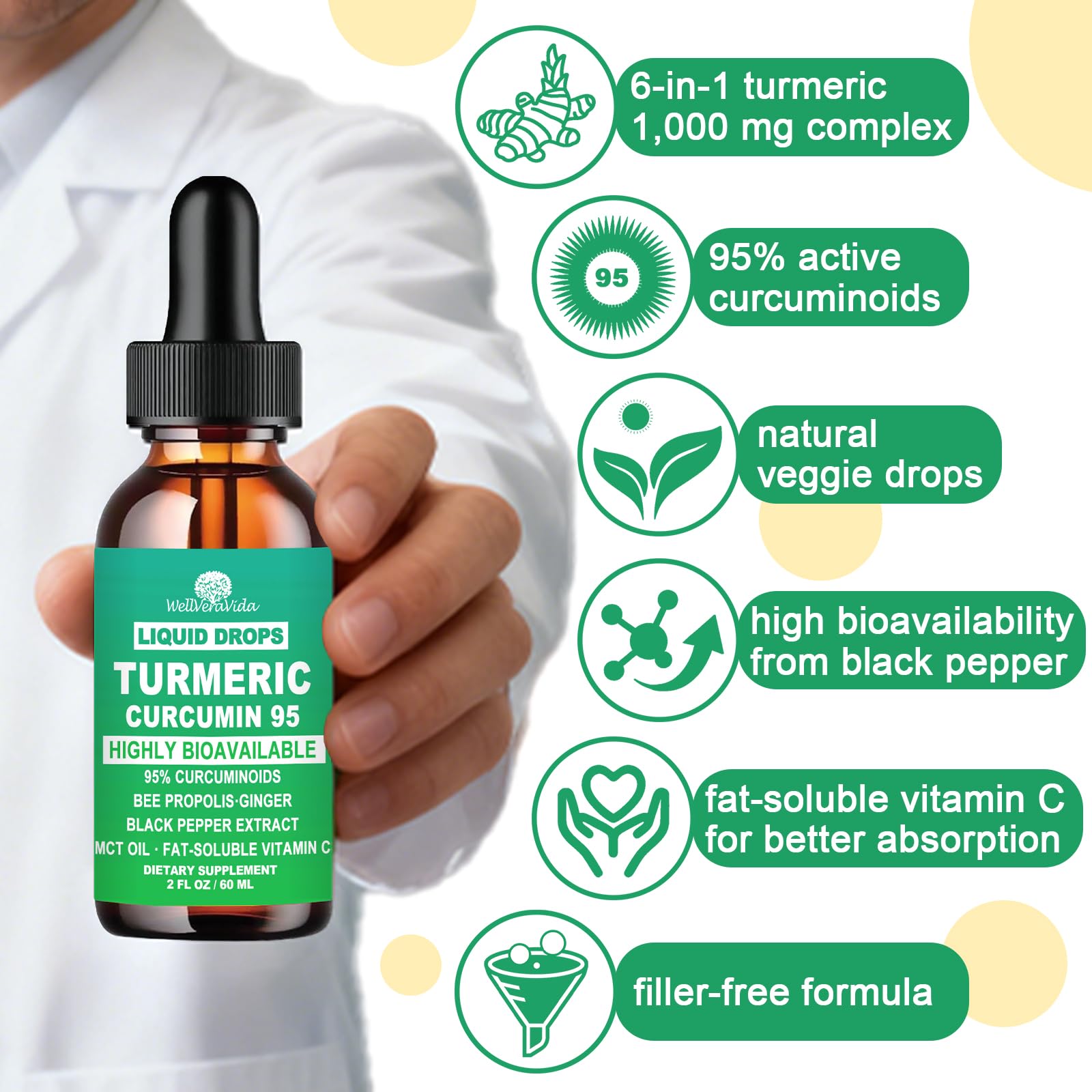 WellVeraVida Turmeric Drops bottle label highlights organic, non-GMO ingredients