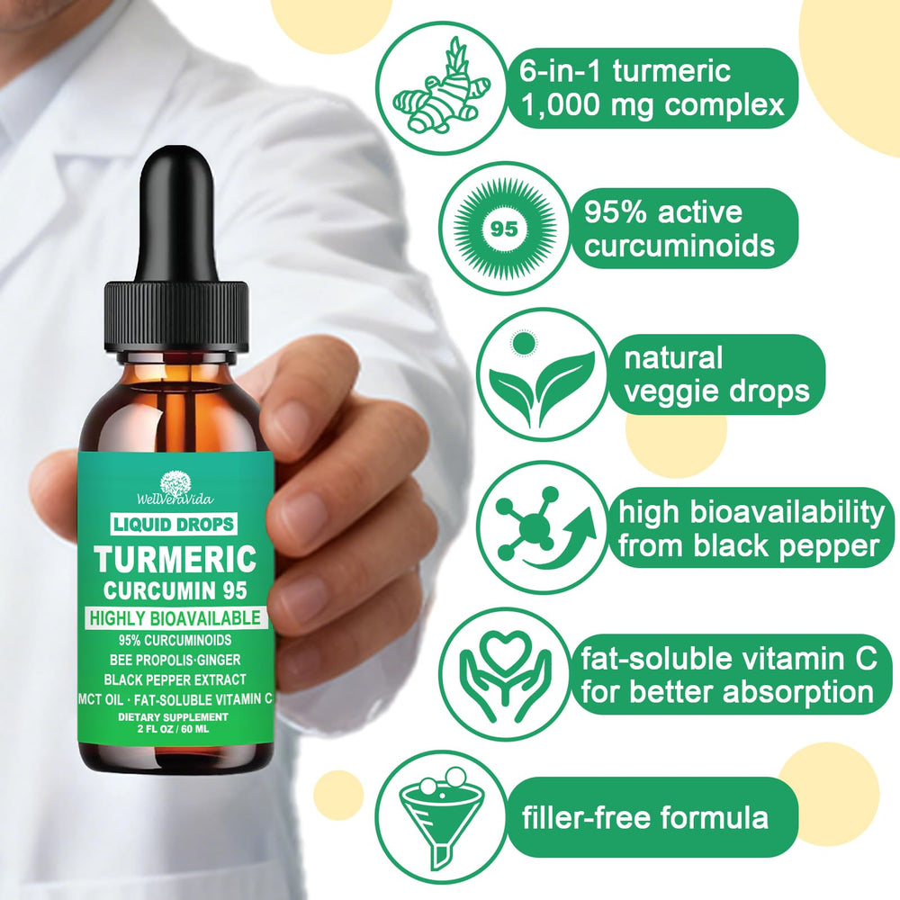 WellVeraVida Turmeric Drops bottle label highlights organic, non-GMO ingredients