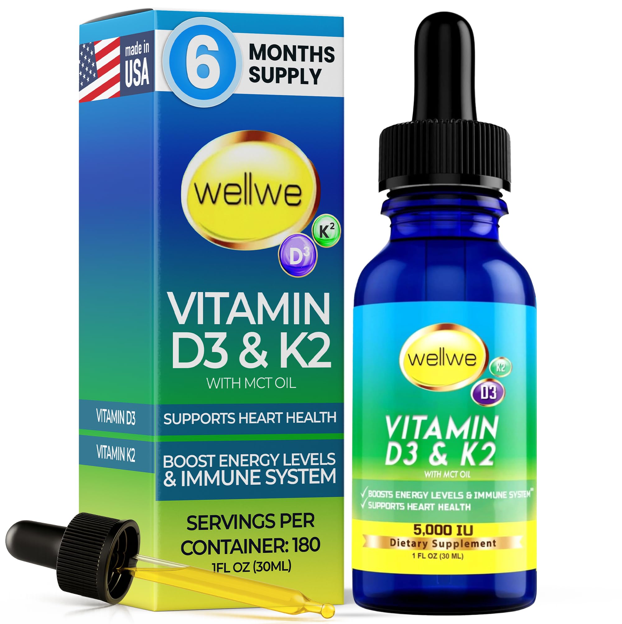wellwe vitamin d3 k2 liquid drops bottle with dropper for daily use.