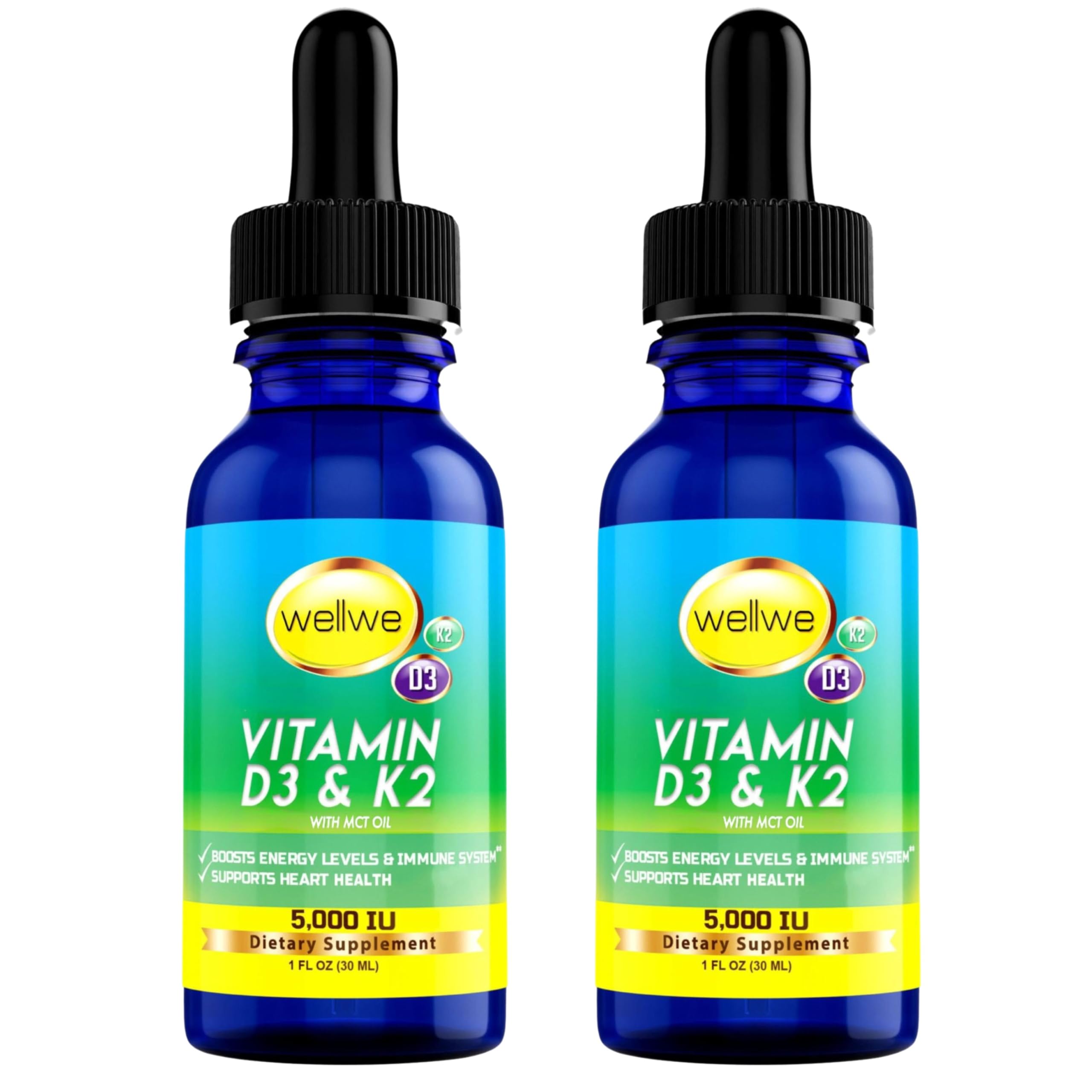 wellwe liquid D3 K2 drops bottle in a 2-pack for easy daily dosing.