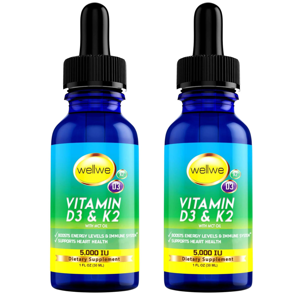 wellwe liquid D3 K2 drops bottle in a 2-pack for easy daily dosing.