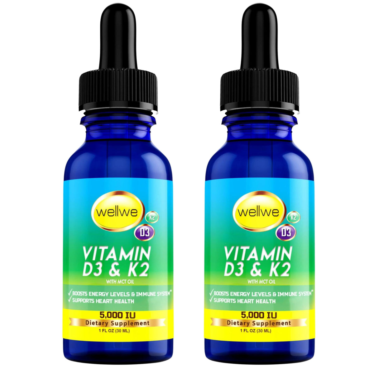 wellwe liquid D3 K2 drops bottle in a 2-pack for easy daily dosing.