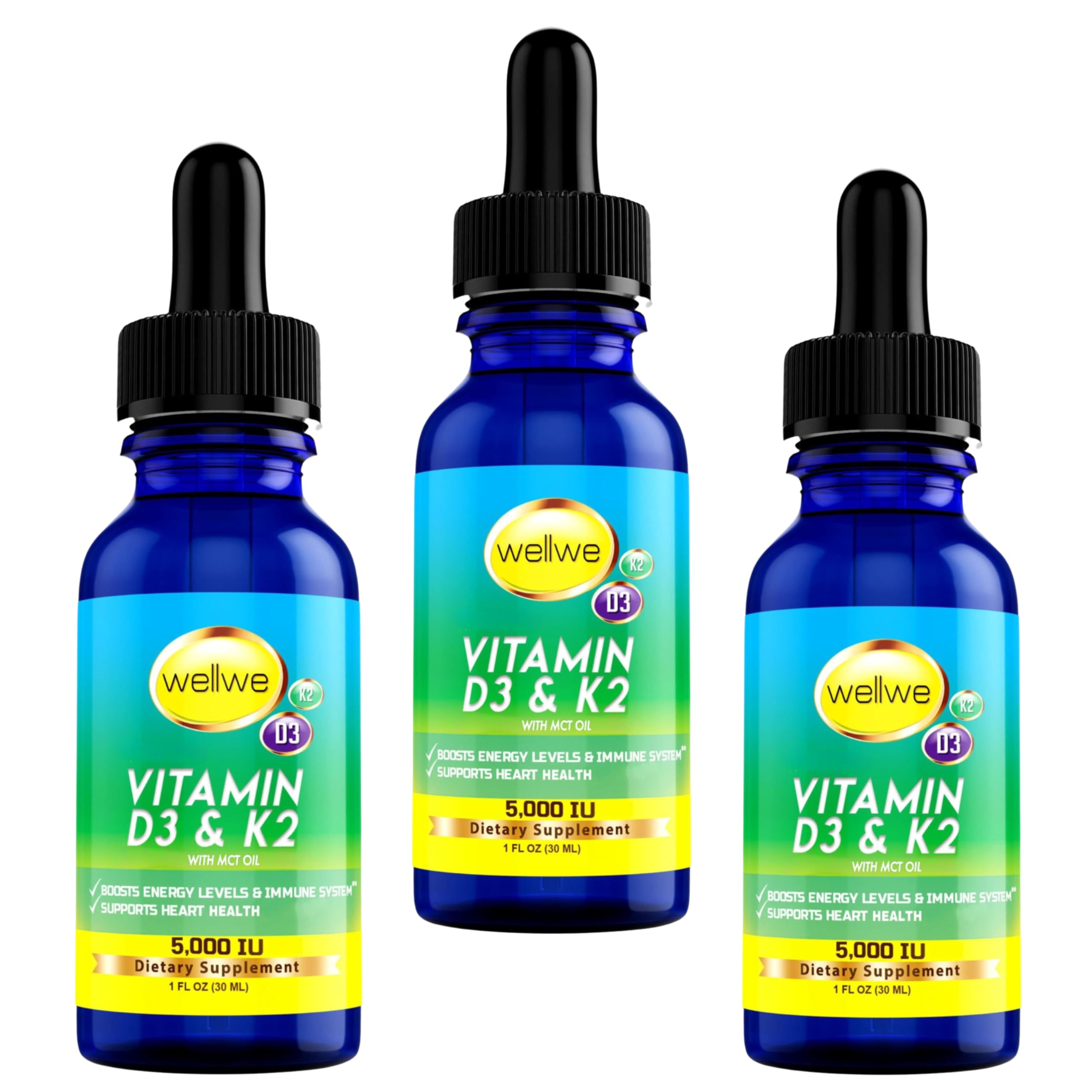 Wellwe liquid D3 K2 drops with MCT oil bottle shows easy daily supplementation