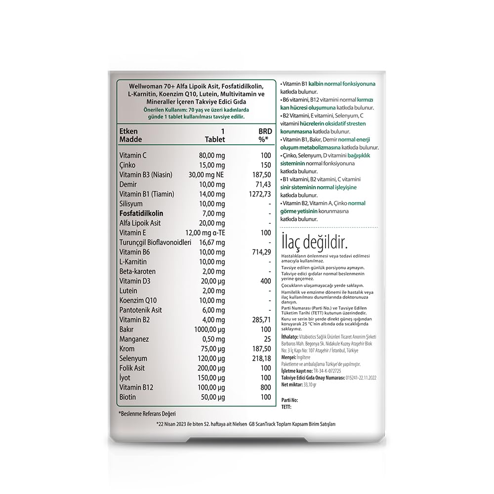 Wellwoman 70+ bottle front displays 26 vitamins for overall wellbeing.