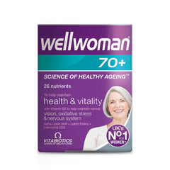 Wellwoman 70+ pack shot showing the bottle for daily wellbeing.