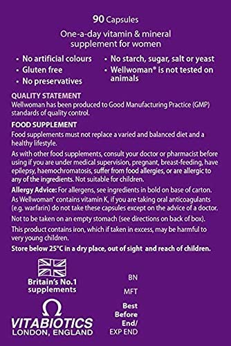 Wellwoman Original bottle side view highlights vitamins for women's daily health.