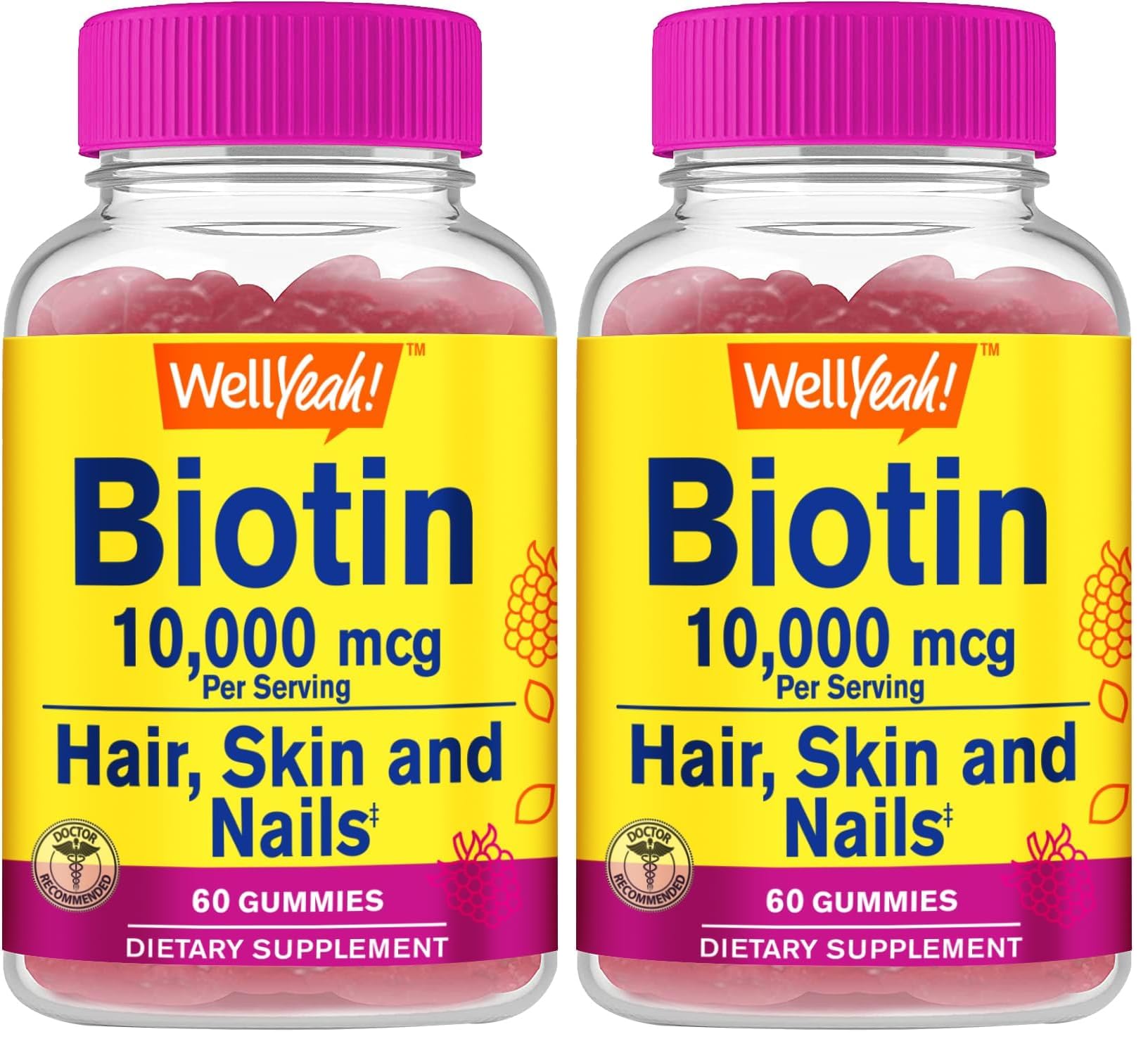 WellYeah Biotin 10000 mcg gummies bottle display highlights easy daily use.