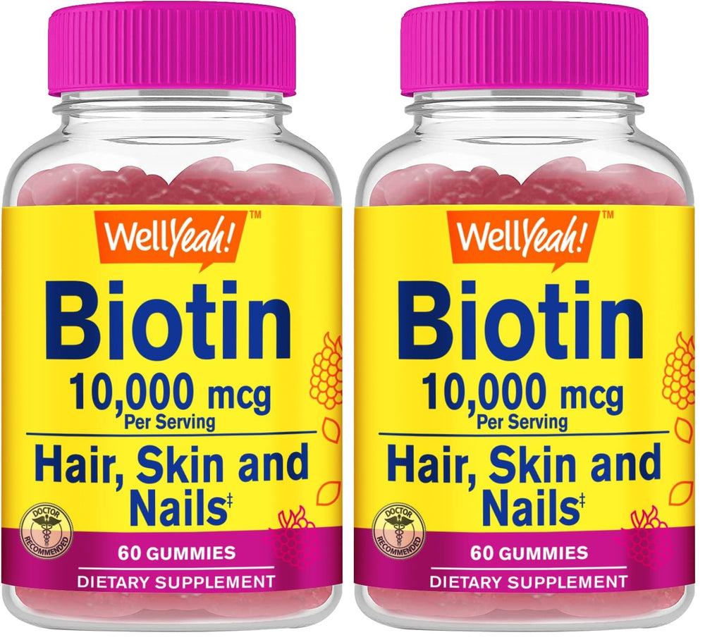 WellYeah Biotin 10000 mcg gummies bottle display highlights easy daily use.