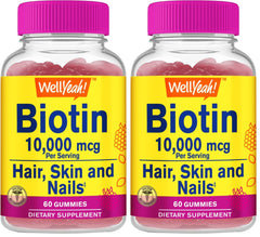 WellYeah Biotin 10000 mcg gummies bottle display highlights easy daily use.