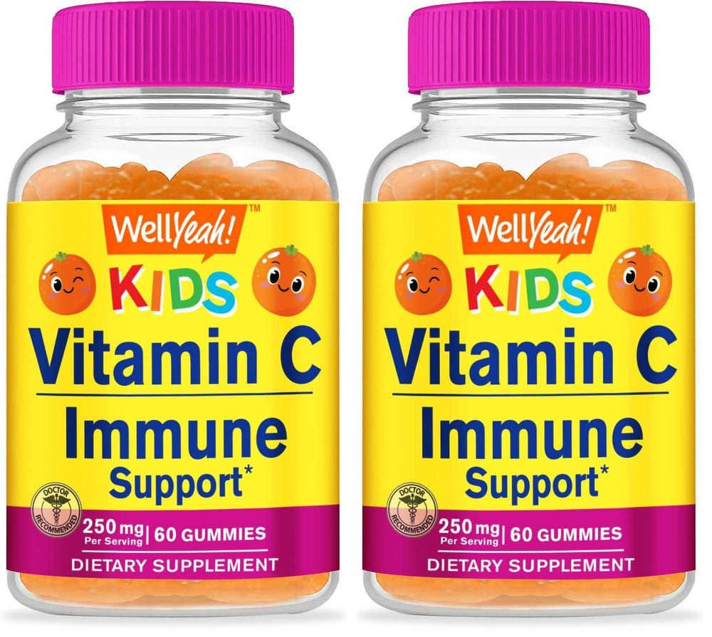 WellYeah Kids Vitamin C Gummies orange bottle front, tasty daily vitamin option