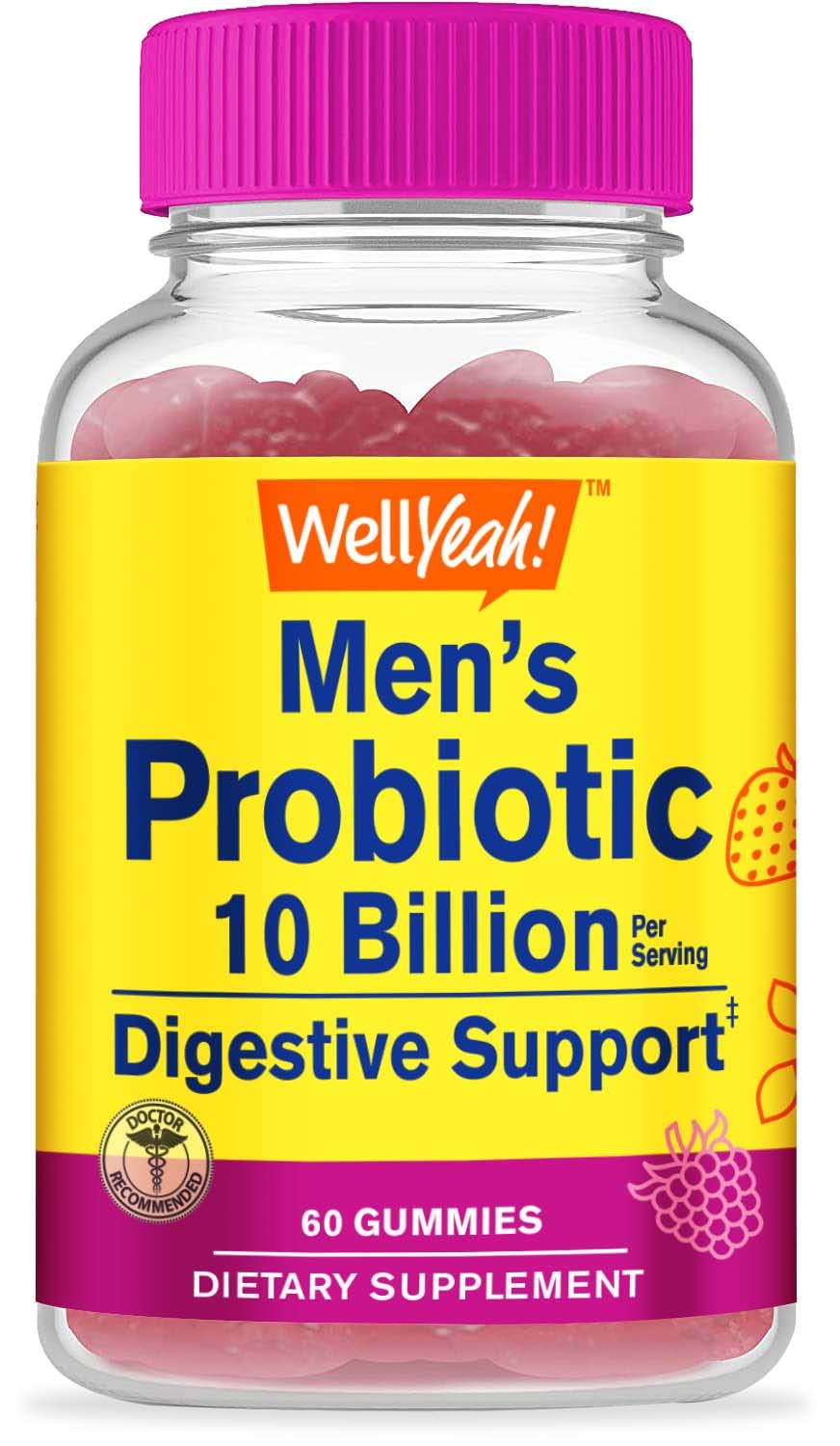 WellYeah Probiotic Gummies for Men bottle shows 10B CFUs for digestive balance.