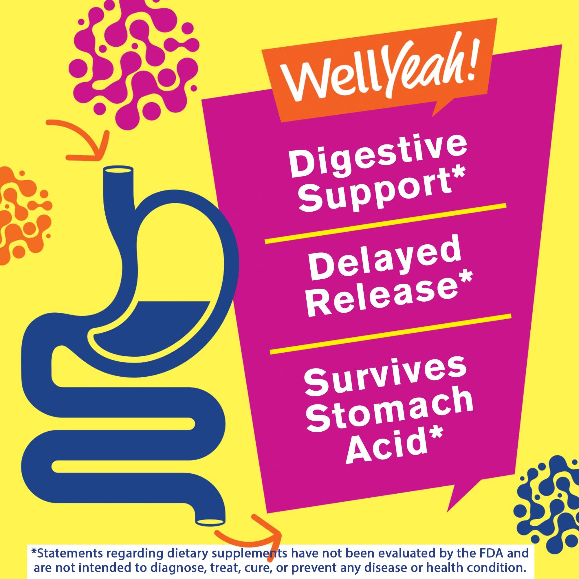 WellYeah Probiotics bottle label shows gluten-free, non-GMO, vegan-friendly formula.