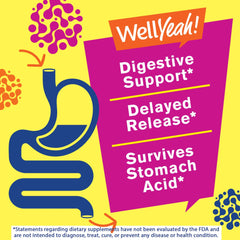 WellYeah Probiotics bottle label shows gluten-free, non-GMO, vegan-friendly formula.
