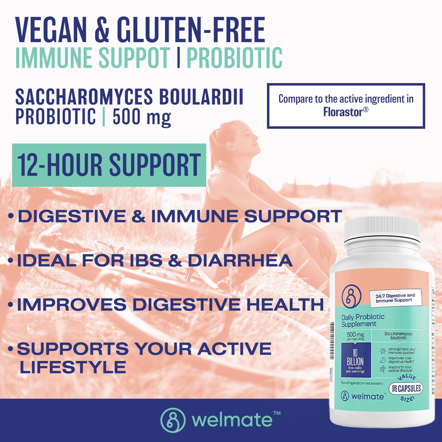 WELMATE Saccharomyces boulardii capsules with 500 mg per capsule support daily wellness.