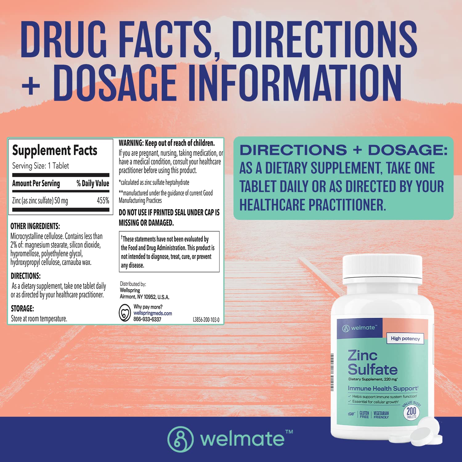 WELMATE Zinc Sulfate bottle on table suggests easy daily supplementation