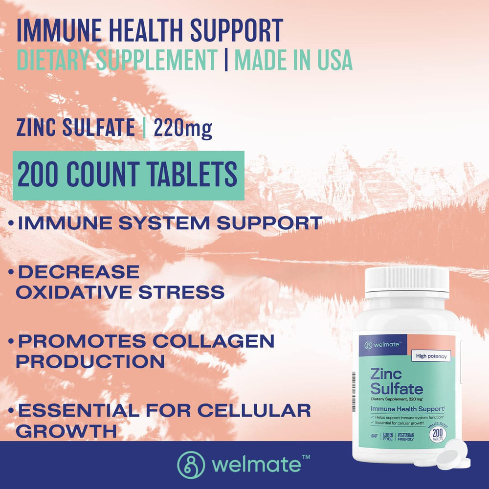 WELMATE Zinc Sulfate tablets closeup highlights high-potency zinc for immune health
