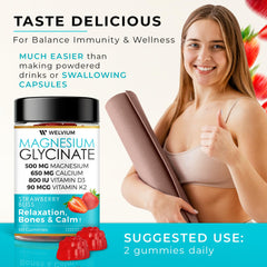 WelviuM magnesium glycinate gummies bottle label close-up highlighting D3 and K2