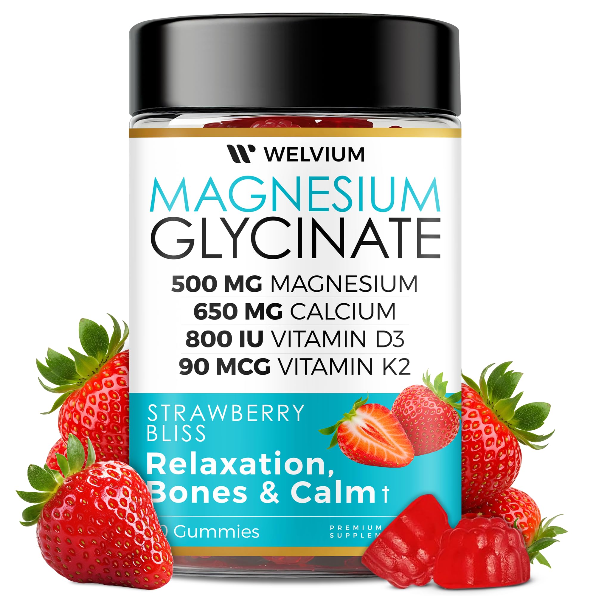 WelviuM magnesium glycinate gummies bottle with strawberry flavor for daily mineral support