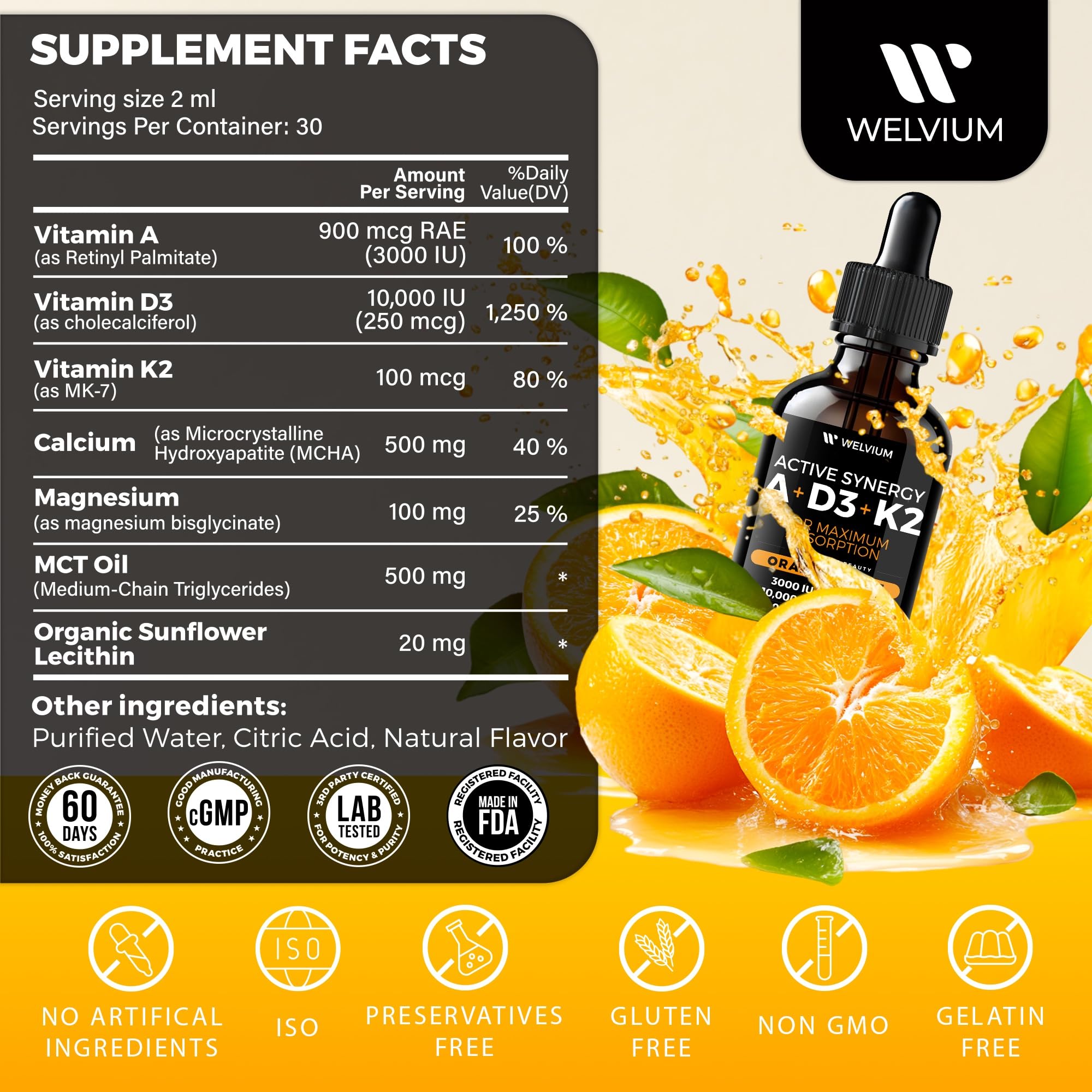 Welvium Drops bottle close-up highlighting the D3 K2 ADK minerals for bone support.
