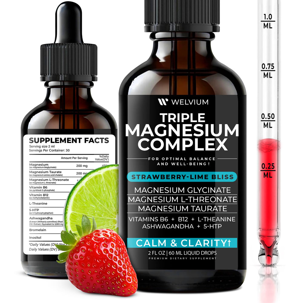 WELVIUM Triple Magnesium Liquid Drops bottle for daily mineral balance and convenience.