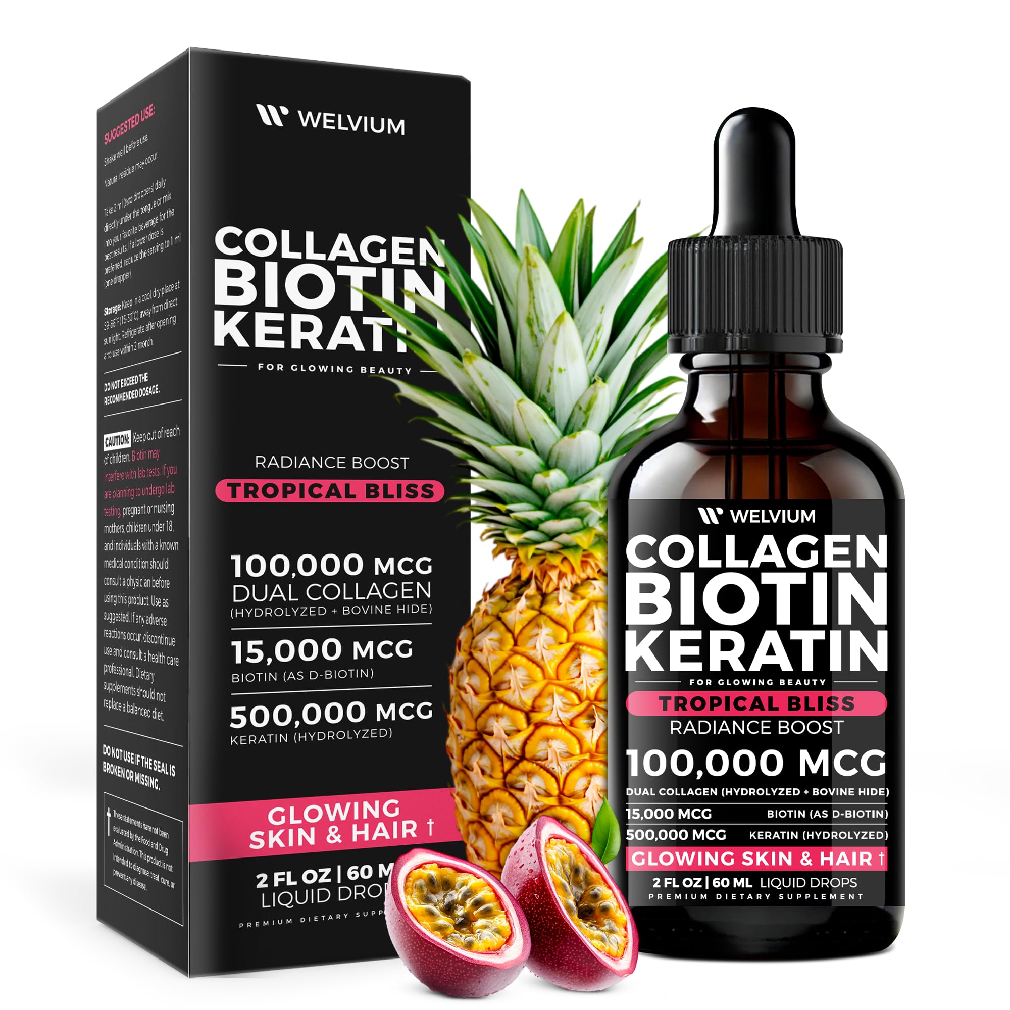 WELVIUM tropical bliss flavor label promoting user-friendly daily dose.