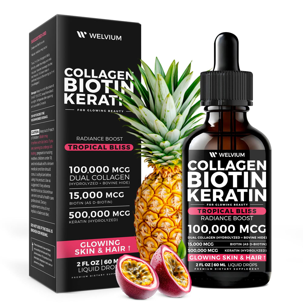 WELVIUM tropical bliss flavor label promoting user-friendly daily dose.