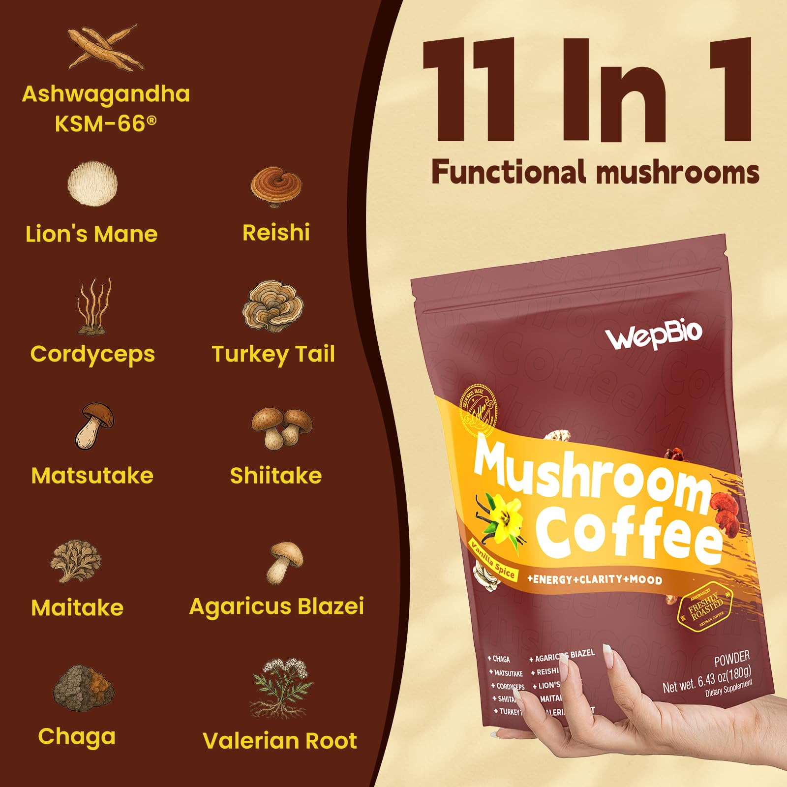 WepBio mushroom coffee toasted hazelnut cup with nutty aroma.