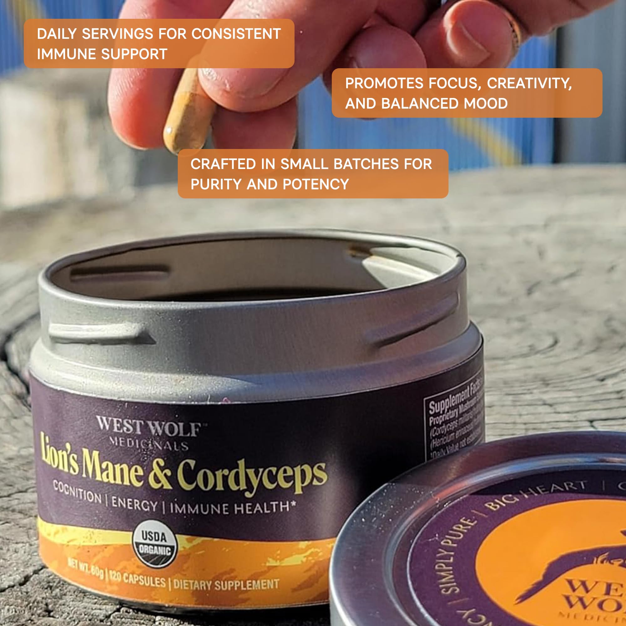 Close-up of West Wolf Medicinals capsules highlighting high potency formula for energy